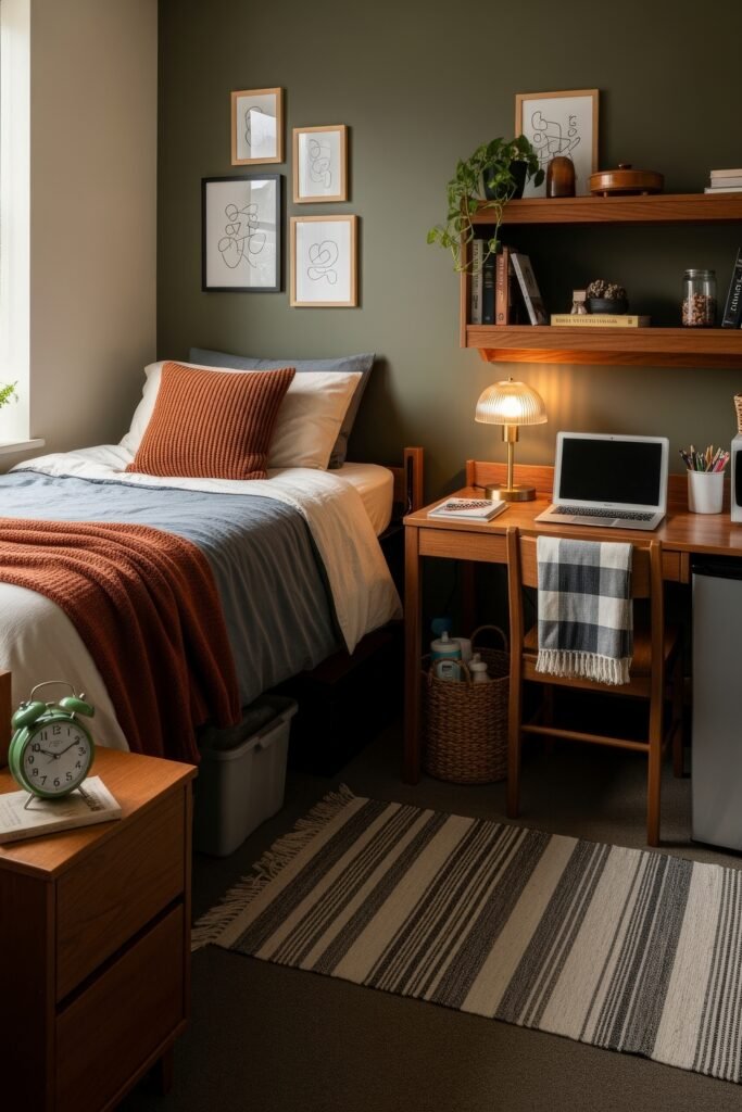 Dorm Room Ideas for Guys That Feel Grown 17 Warm-toned dorm setup with olive green accent wall, rust bedding, wood desk with glowing lamp, and floating shelves styled with books and plants.