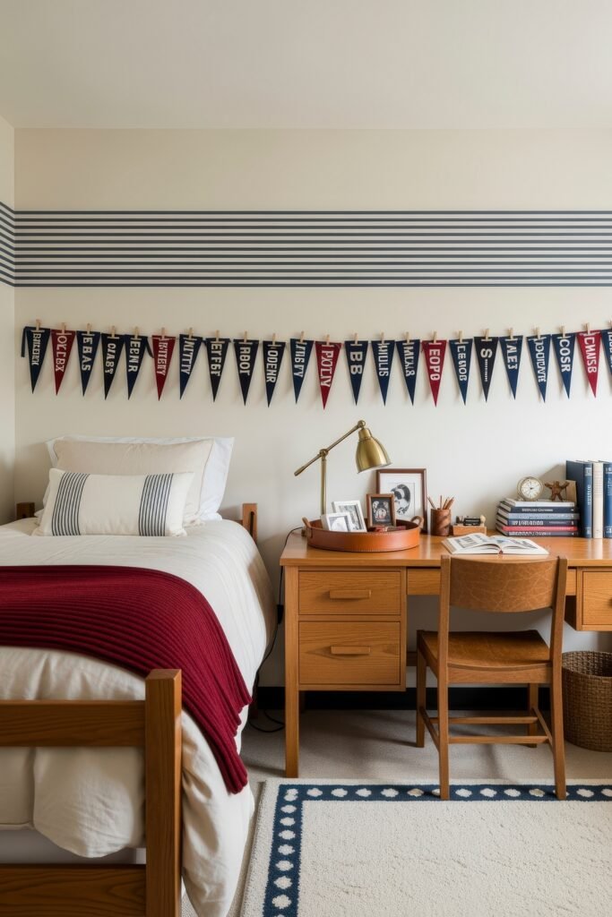 Trend-Forward dorm wall décor Ideas 22 Collegiate-style dorm room featuring a gallery of mini pennant flags strung across the wall, crisp white bedding with red accents, and a study desk decorated with books and framed photos.