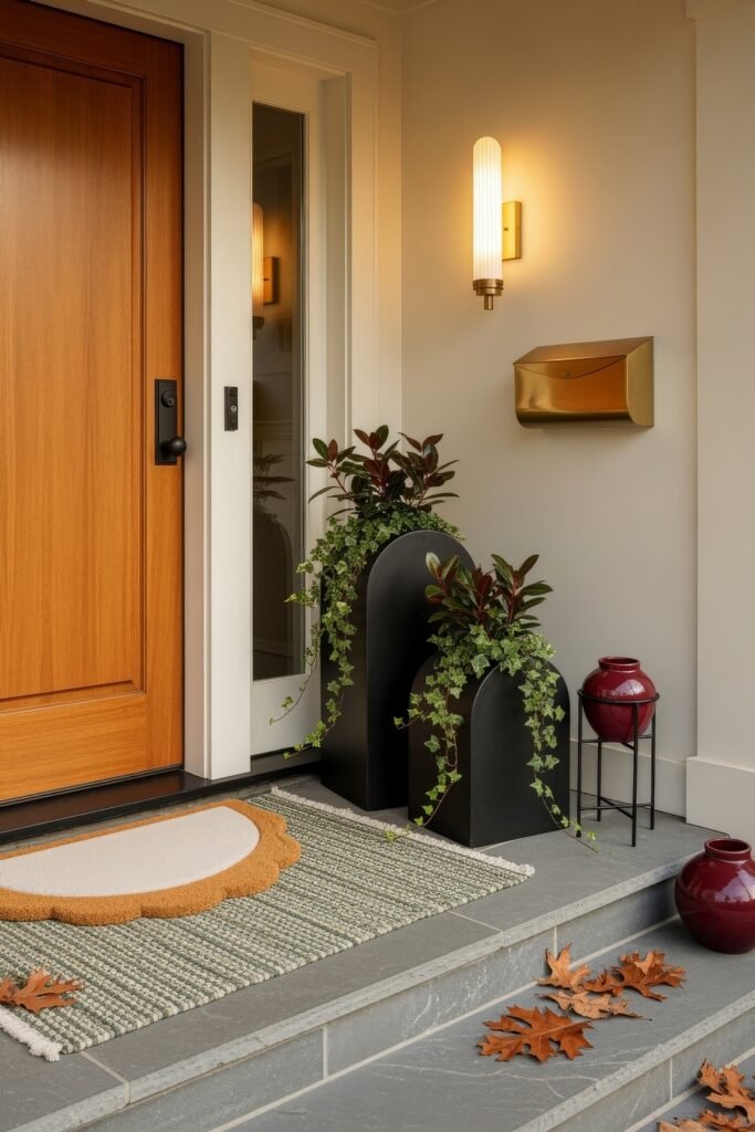 Cozy Entry Glow: Fall Porch Ideas to Try 22 Warm entry with a wooden door, gold accents, black planters of ivy, red vases, and autumn leaves on the steps.