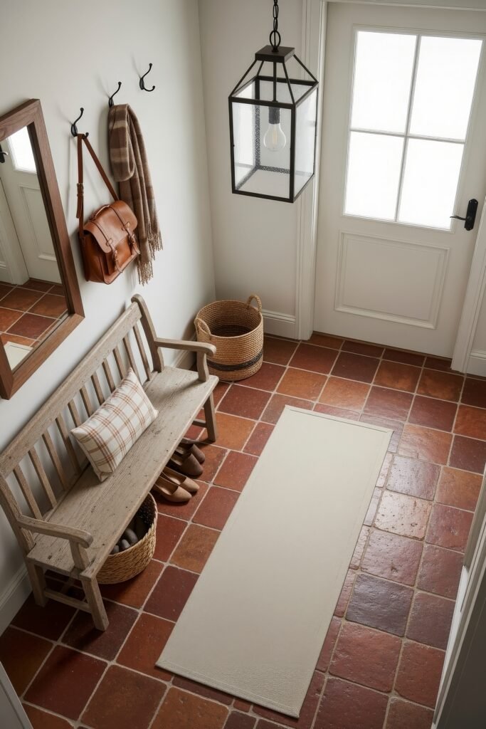 Fresh farmhouse fall decor Ideas for a Cozy, Modern Home 25 Mudroom with rustic bench, plaid pillow, scarf, leather satchel, and woven baskets, styled with terracotta floor tiles and farmhouse fall decor.