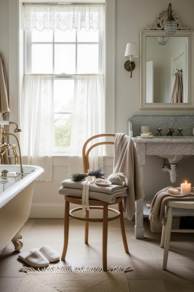 Elegant Ways to Layer french vintage bathroom décor 19 Classic bathroom with a clawfoot tub, lace curtains, marble vanity, and a chair styled with soft towels, lavender, and candles for a calming ambiance.