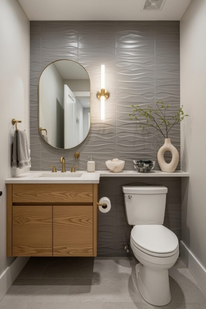Half Bathroom Decor, Elevated: Jewel-Box Ideas 23 Stylish half bathroom decor with gray wave tile, wood vanity, brass fixtures, and elegant accents.