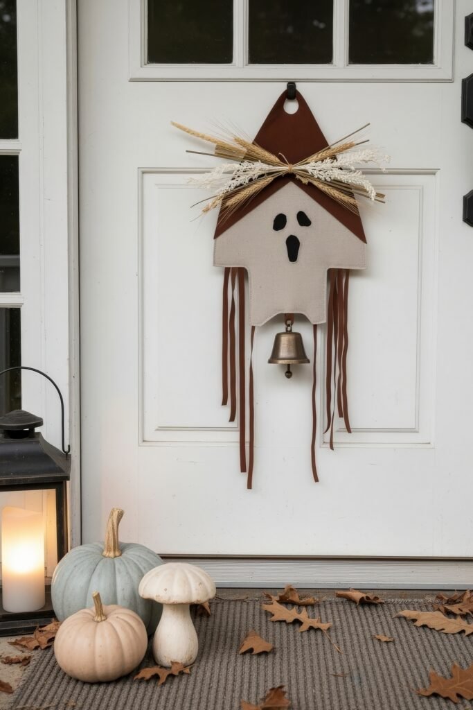 Chic halloween door hangers to elevate your entry 19 White front door with a farmhouse-style Halloween door hanger shaped like a ghostly house with wheat detail and bell, paired with muted pumpkins and lantern.