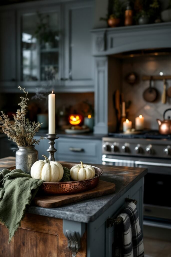 Fresh Ideas for your halloween kitchen 21 A rustic halloween kitchen island decorated with white pumpkins in a copper tray, a smoking candle, and dried herbs, with a glowing jack-o’-lantern in the background.