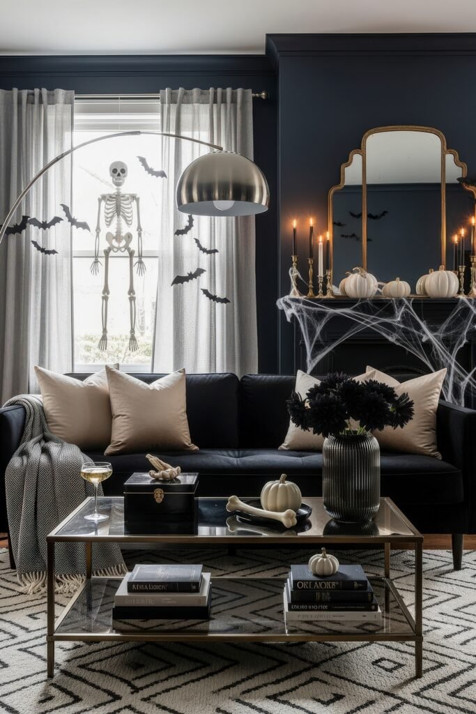 Stylish halloween living room Ideas: 15 Fresh Styles 22 Dark halloween living room with black sofa, skeleton at the window, cobweb-draped mantel, and white pumpkins against deep walls.