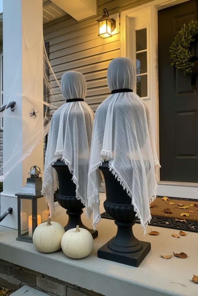 Spooky-Chic halloween porch ideas for Instant Curb Appeal 21 Porch decorated with two ghost topiaries draped in white cloth, black urns, cobwebs, lantern, and white pumpkins on the steps.