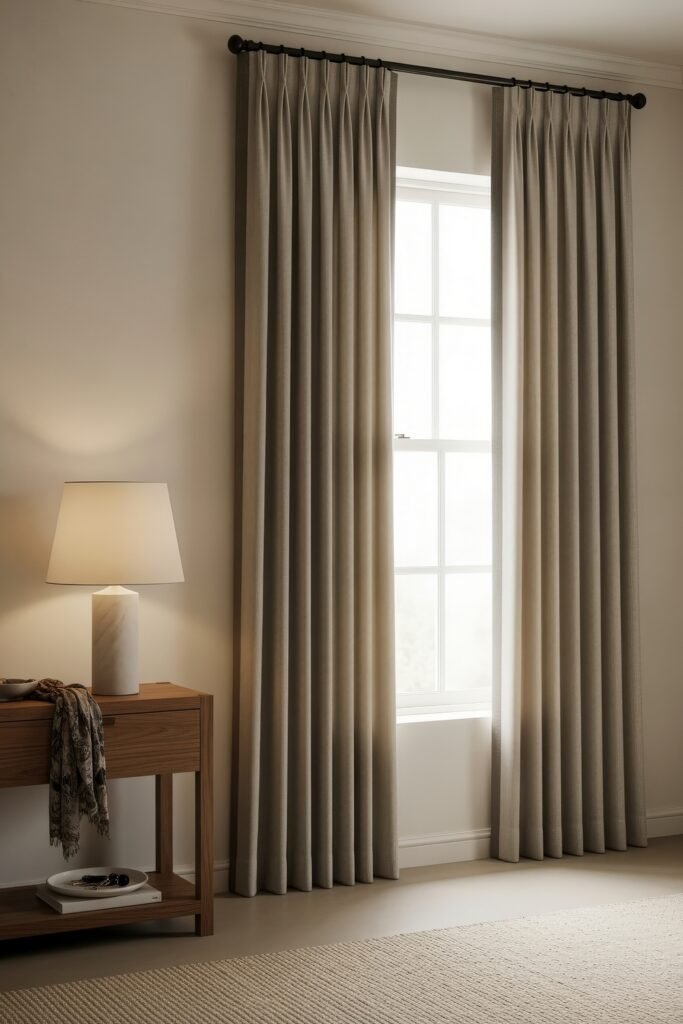 Ideas to Nail a Luxury Apartment Aesthetic 21 Minimalist corner with tall beige curtains framing a window, paired with a wooden console table, ceramic lamp, and soft decorative accents.