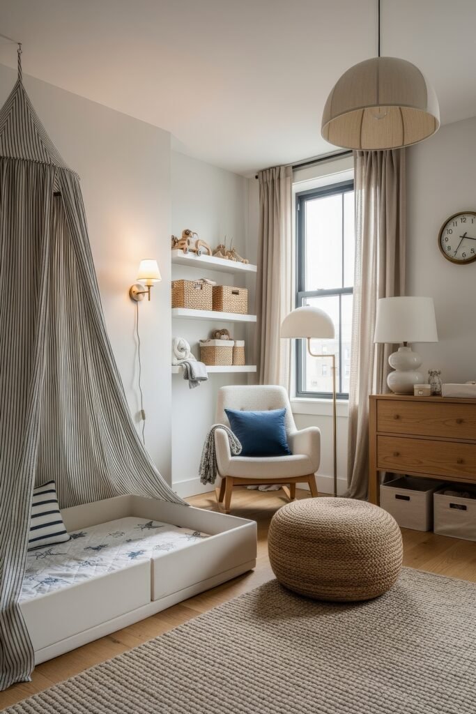 Fresh nautical nursery ideas for a calm, stylish baby room 21 Cozy nursery with a striped canopy floor bed, rattan pouf, and neutral tones, styled with woven baskets and wooden toys.