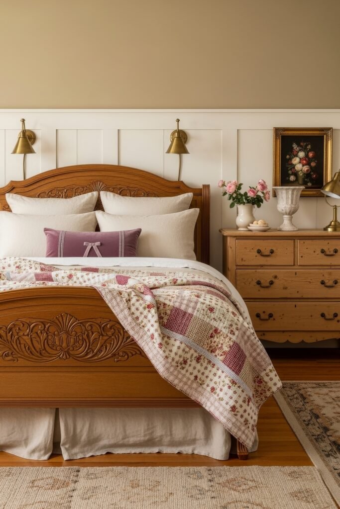 Sweet Ideas for a Romantic Cozy Farmhouse Bedroom 20 Classic cozy bedroom with a carved wooden bed, patchwork quilt, cream pillows, and a rustic dresser topped with fresh pink roses.