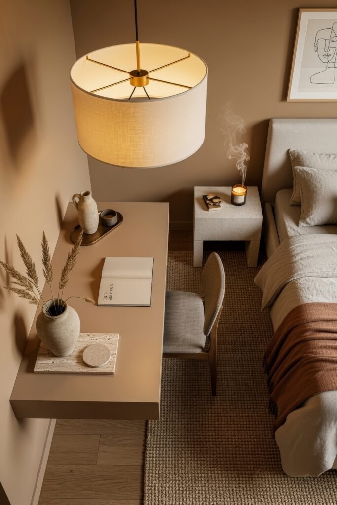 Small Bedroom Office Combo Ideas That Actually Look Chic 27 Soft neutral bedroom featuring a floating beige desk, natural decor accents, and a large pendant lamp above.