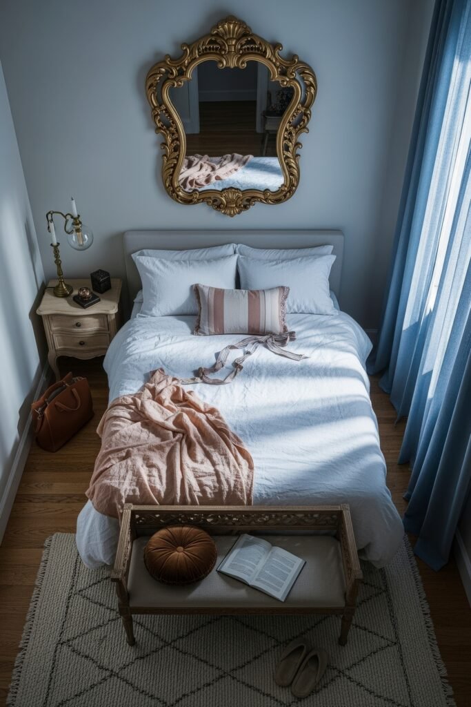 Small Bedroom Style Ideas: 15 Chic Looks That Work 27 Classic small bedroom with an ornate gold mirror, white bedding, and peach textiles, softly lit by cool daylight.