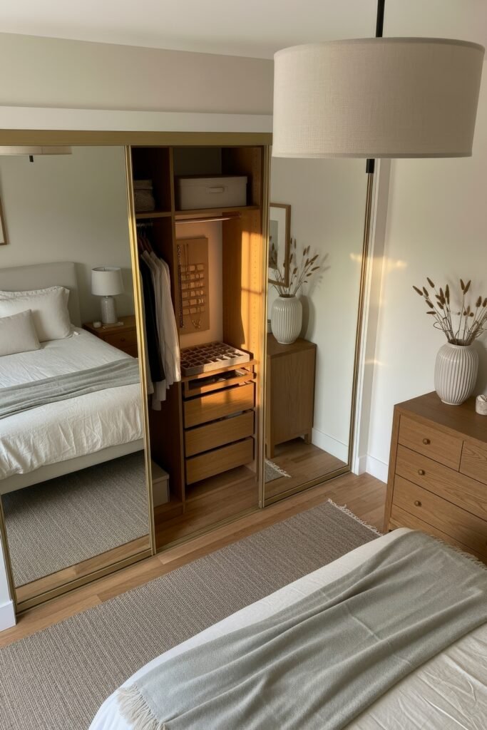 Smart, Stylish Storage Ideas for Small Bedrooms 24 Minimalist bedroom with open mirrored closet showing wood shelving, hanging clothes, and a jewelry organizer in warm evening light.