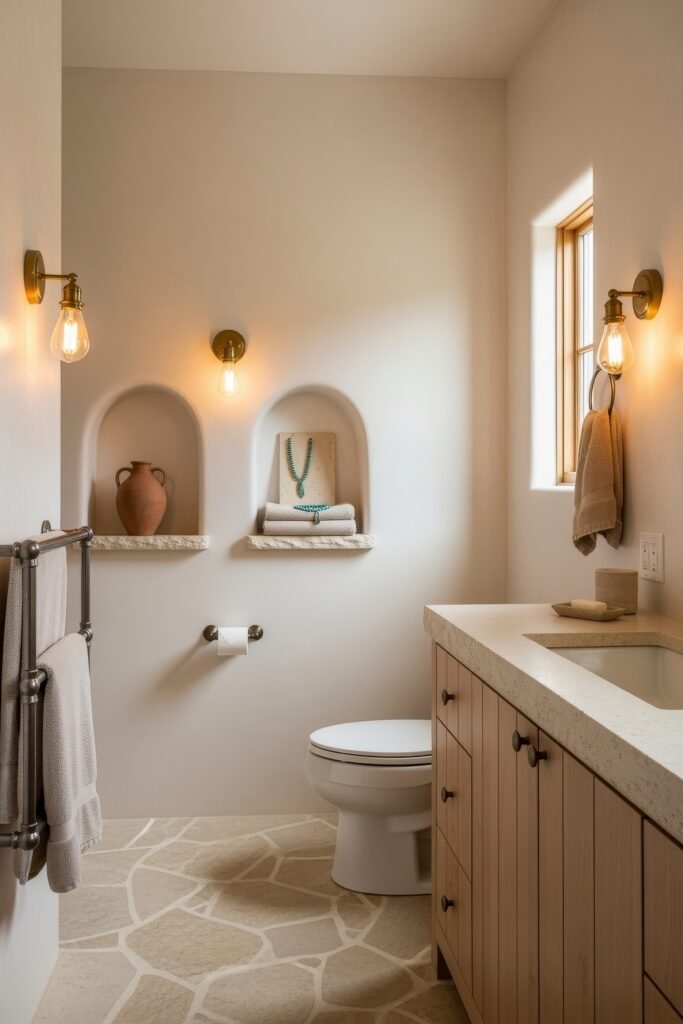 Desert-Modern Magic: Western Bathroom Decor Ideas 22 Bathroom with stone floors, arched alcoves holding pottery and textiles, rustic wood vanity, and industrial-style lighting for Bathroom Decor Inspo.