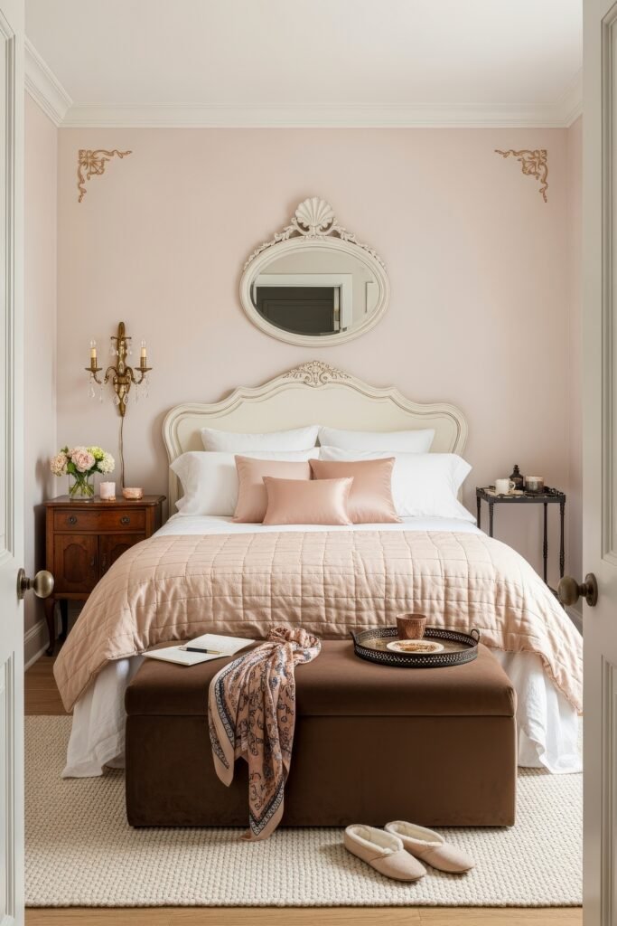 Small Bedroom Style Ideas: 15 Chic Looks That Work 28 Blush-toned bedroom with a carved cream headboard, soft quilted bedding, and antique wood accents for a refined vintage look.