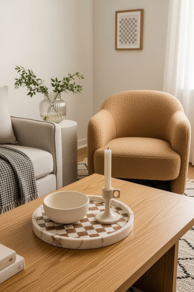 Chic Ideas for Aesthetic Apartment Decor That Feels Effortless 24 Cozy living area featuring a beige boucle armchair, neutral sofa with houndstooth throw, and a wooden coffee table styled with a candle and ceramic bowl.
