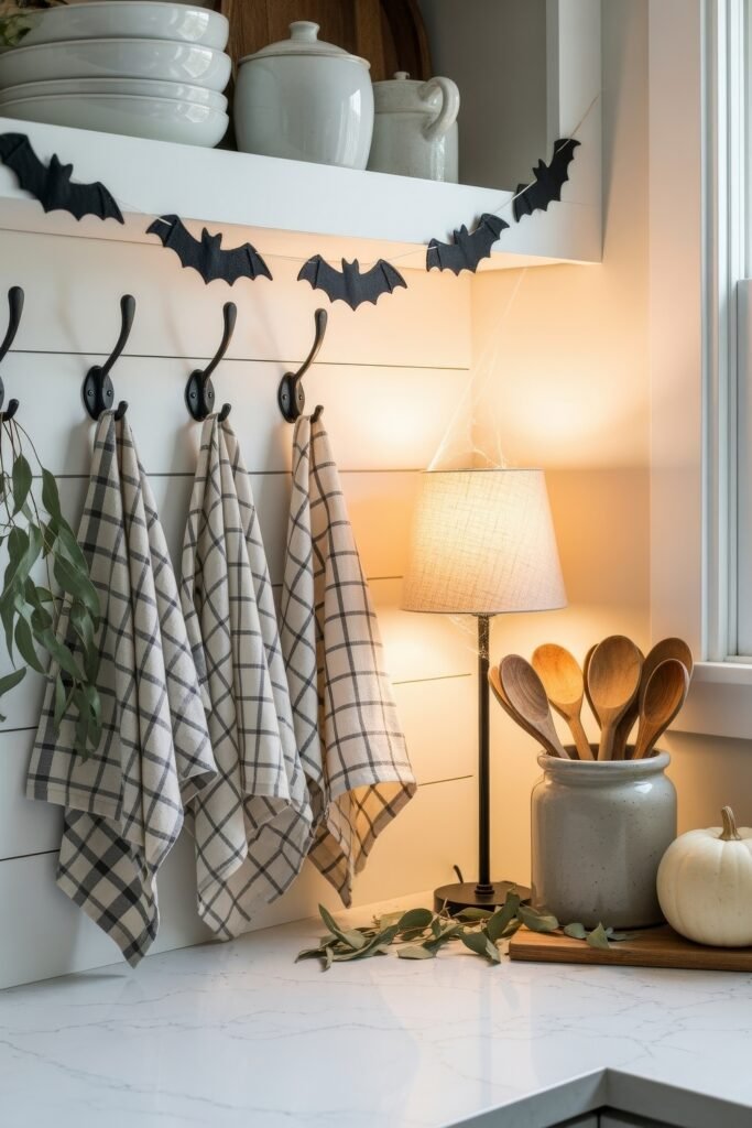 Chic Farmhouse Halloween: 13 Cozy, Stylish Decor Ideas 18 Kitchen corner decorated with black bat garland, plaid dish towels on hooks, ceramic crock of wooden spoons, a white pumpkin, and a glowing lamp for subtle Halloween charm.