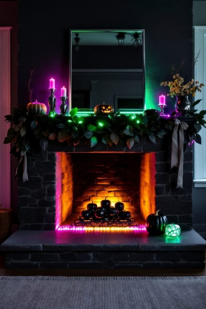 Spooky-Chic Halloween Fireplace Décor: Stylish Mantel Ideas 20 A stone fireplace glowing with purple, green, and orange lights, decorated with black pumpkins, jack-o’-lanterns, and vibrant candles for a modern neon Halloween fireplace décor.