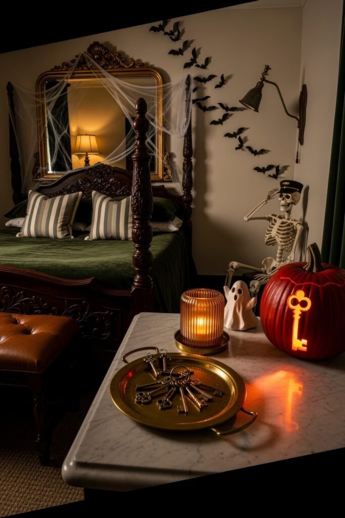 Spooky-Chic Magic: halloween home décor Ideas You’ll Love 22 Gothic bedroom with a carved pumpkin glowing with a key design, vintage bed draped in cobwebs, and a skeleton in a bellhop hat saluting by the wall of bats.