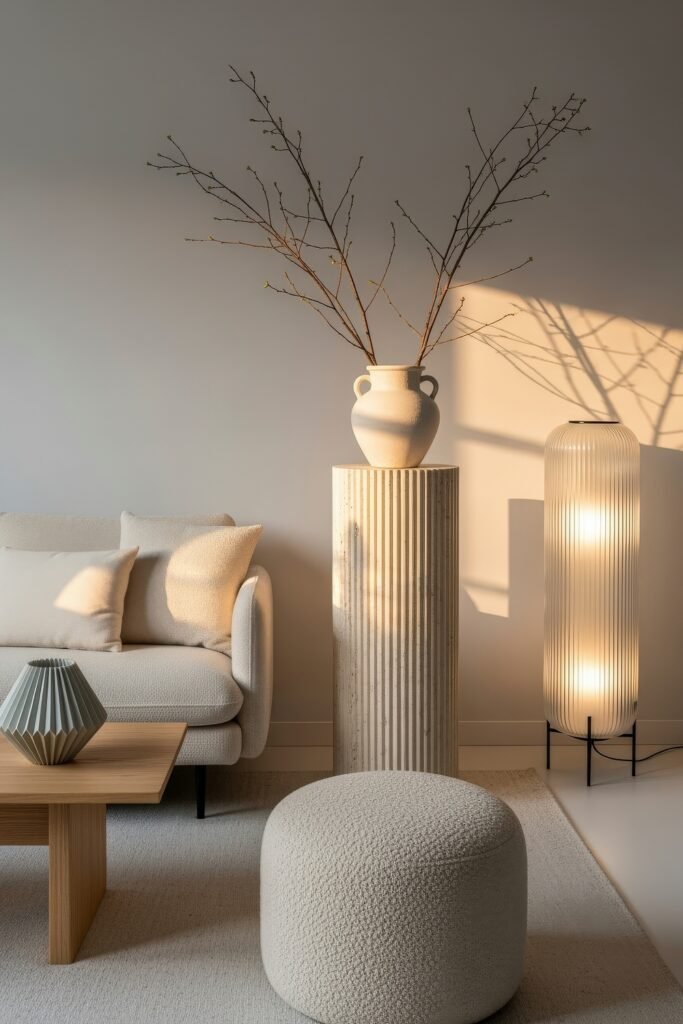 Chic Ideas for Aesthetic Apartment Decor That Feels Effortless 25 Sunlit sitting room with cream furniture, ribbed floor lamp, pedestal vase of bare branches, and modern geometric accents for a serene atmosphere.