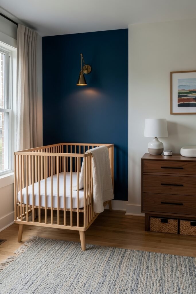 Dreamy Nursery Bedrooms: Baby Nursery Ideas for Boy 21 Minimalist nursery with light wood crib, deep navy accent wall, brass sconce, and mid-century dresser styled with simple decor.