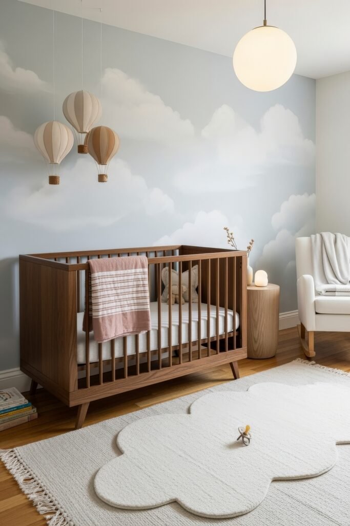 Dreamy & Stylish Baby Nursery Ideas for Girl 21 Whimsical nursery with a wooden crib, cloud rug, and hot air balloon mobiles against a soft sky mural, styled as a dreamy nursery bedroom.