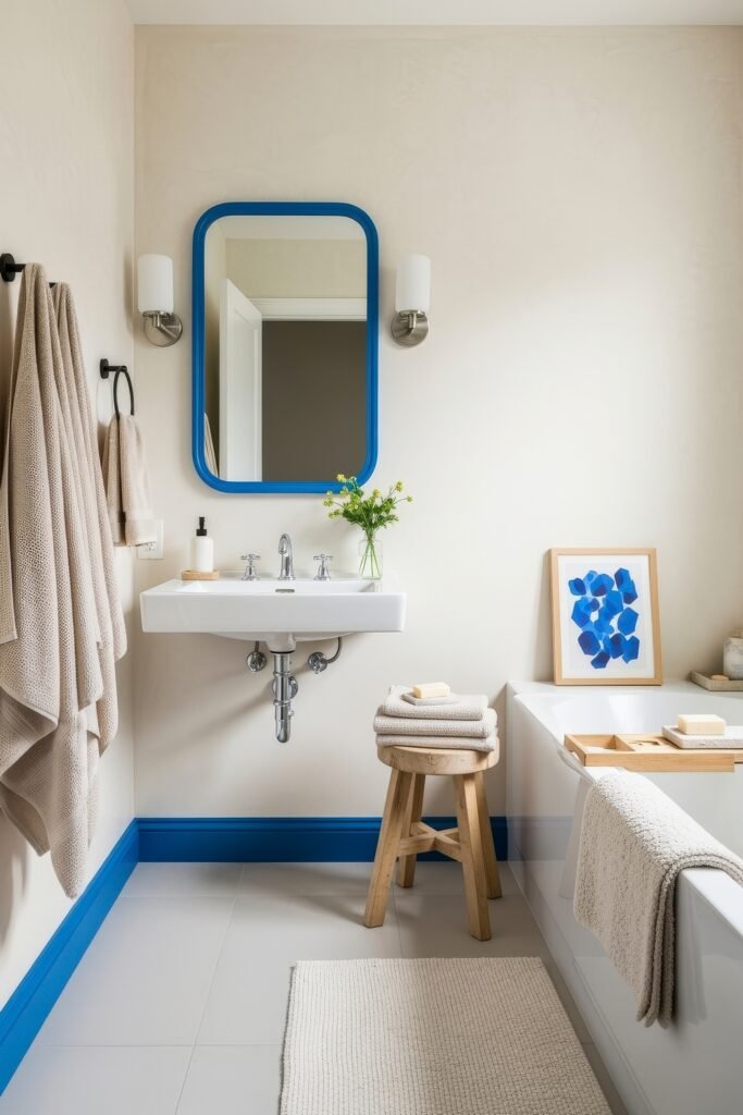Blue Bathroom Decor: Fresh, Wow-Worthy Ideas 23 Minimalist bathroom with white walls, bold blue mirror frame, and neutral linens accented by blue artwork for fresh bathroom decor.