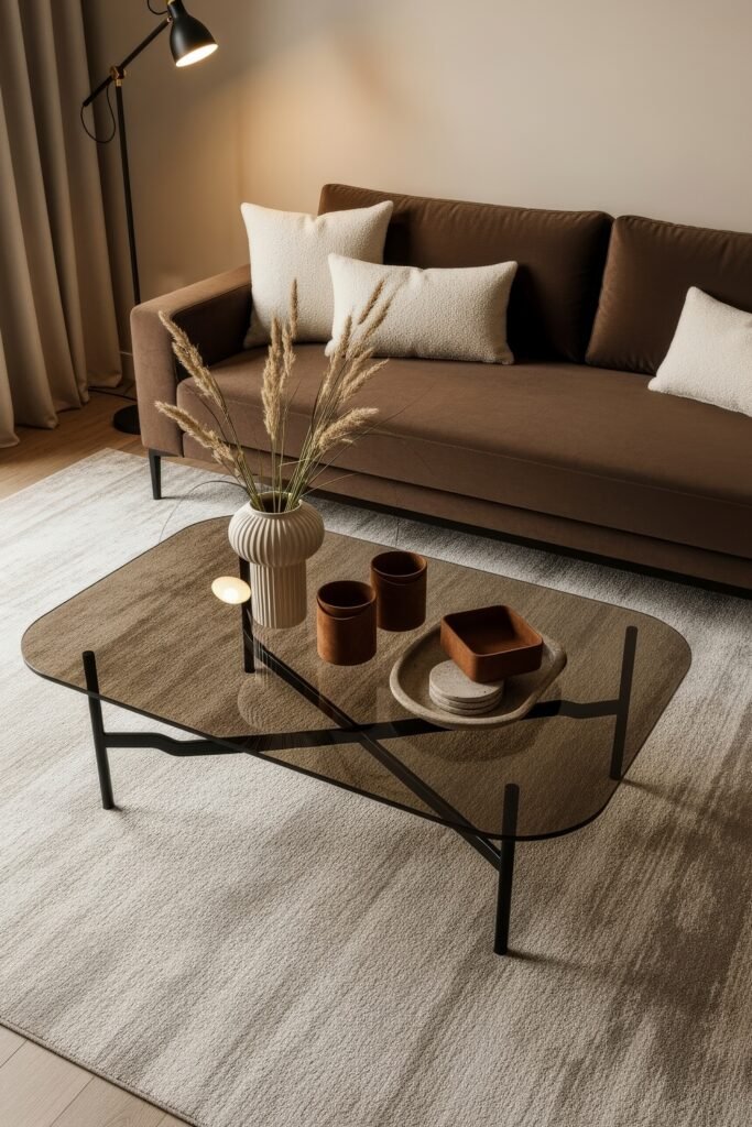 Chic Ideas for a Brown Apartment Aesthetic 21 Calm living space with a dark brown sofa, cream pillows, glass coffee table decorated with ceramic vases and dried grasses, and soft neutral tones—capturing an aesthetic apartment decor.