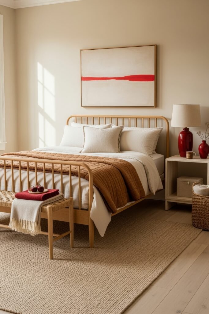 Soft & Stylish: Cozy Bedroom Ideas for an Effortless Retreat 26 Sunlit bedroom with a wooden spindle bed, white bedding, caramel quilt, minimalist artwork, and red ceramic accents for a warm pop of color.