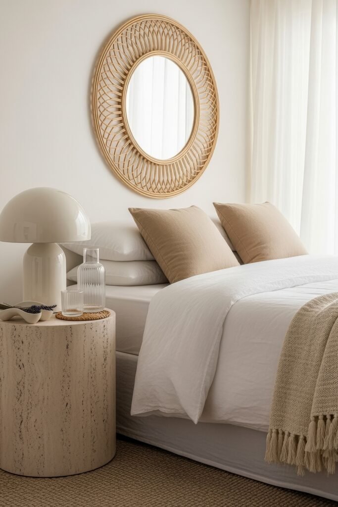Dreamy Ways to Style a Cozy Boho Bedroom 22 Minimalist bedroom with a serene, neutral palette featuring a bed with white and beige linens, a travertine nightstand, a sculptural lamp, ribbed glassware, and a large woven mirror that adds a touch of cozy boho elegance.