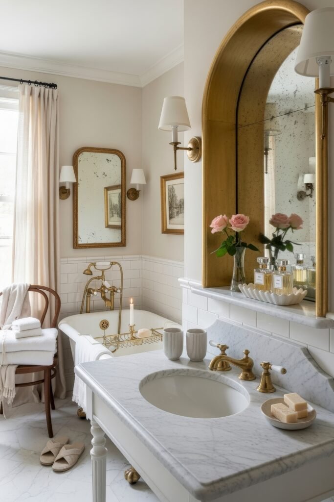 Elegant Ways to Layer french vintage bathroom décor 20 Sophisticated bathroom with a marble vanity, clawfoot tub, fresh roses, and golden accents highlighted by an arched mirror and candlelight.