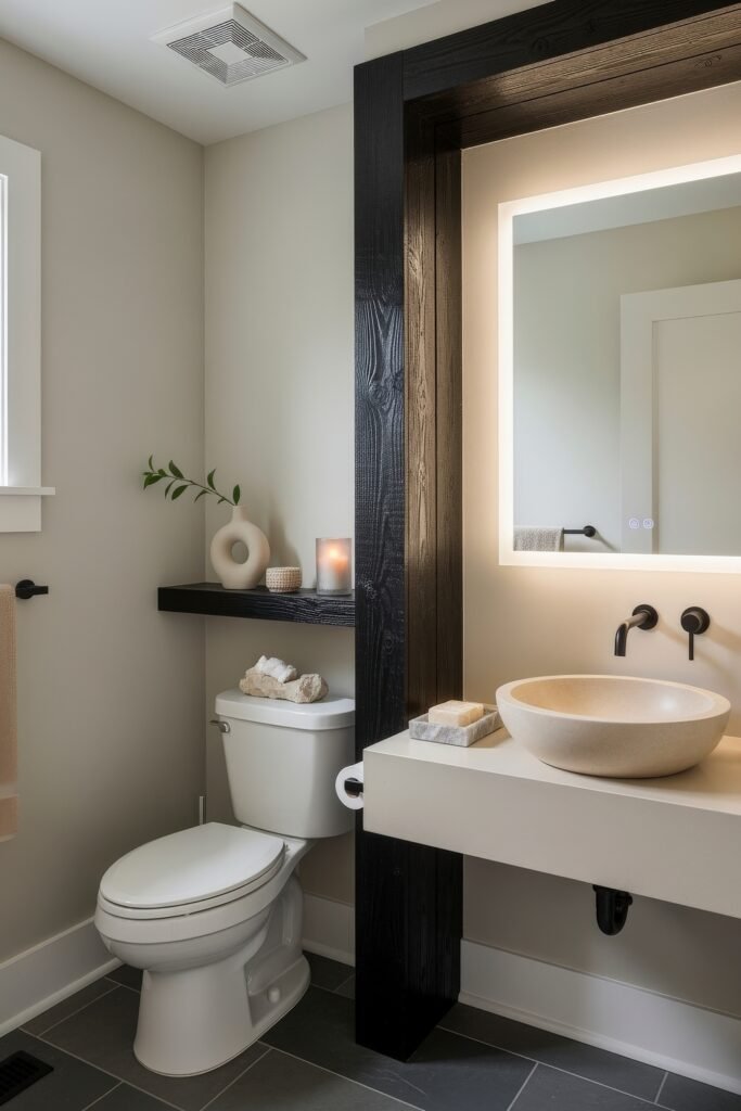 Half Bathroom Decor, Elevated: Jewel-Box Ideas 24 Minimalist bathroom with a stone vessel sink, black wood framing, backlit mirror, and neutral tones.