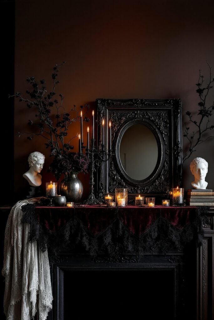 Spooky-Chic Halloween Fireplace Décor: Stylish Mantel Ideas 21 A dark gothic mantel draped in burgundy velvet and black lace, styled with bust statues, black candelabras, moody florals, and glowing candles in front of an ornate black-framed mirror.