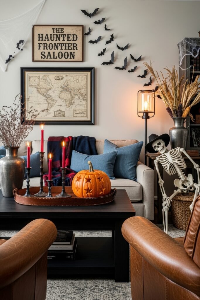 Spooky-Chic Magic: halloween home décor Ideas You’ll Love 23 Cozy western-inspired living room with a jack-o’-lantern carved with stars, red candles, vintage maps, and a skeleton in a cowboy hat leaning playfully by the sofa.