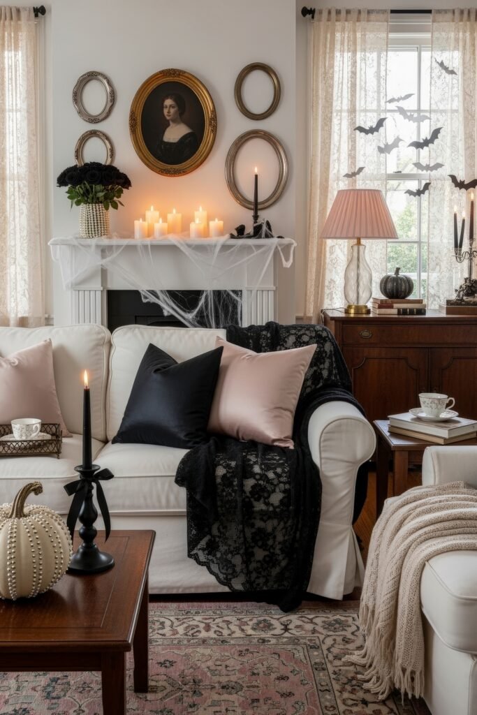 Stylish halloween living room Ideas: 15 Fresh Styles 23 Elegant halloween living room styled with lace curtains, vintage portrait, candles, and black and blush accents.