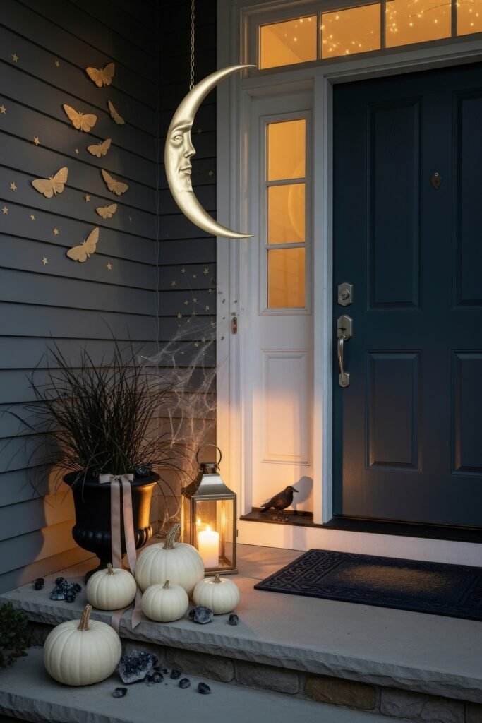 Spooky-Chic halloween porch ideas for Instant Curb Appeal 22 Spooky-Chic Halloween Home entry with a hanging crescent moon face, golden butterflies, white pumpkins, lantern, and cobweb accents.