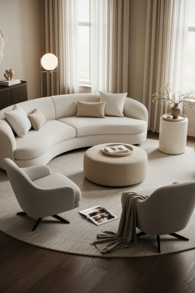 Ideas to Nail a Luxury Apartment Aesthetic 22 Modern sitting room featuring a curved cream sofa, round ottoman, and neutral armchairs on a circular rug, styled with simple decor for a luxury apartment aesthetic.