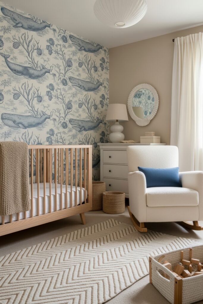Fresh nautical nursery ideas for a calm, stylish baby room 22 Nautical nursery with a wood crib, ocean-themed whale wallpaper, chevron rug, and a cream rocking chair accented with blue.