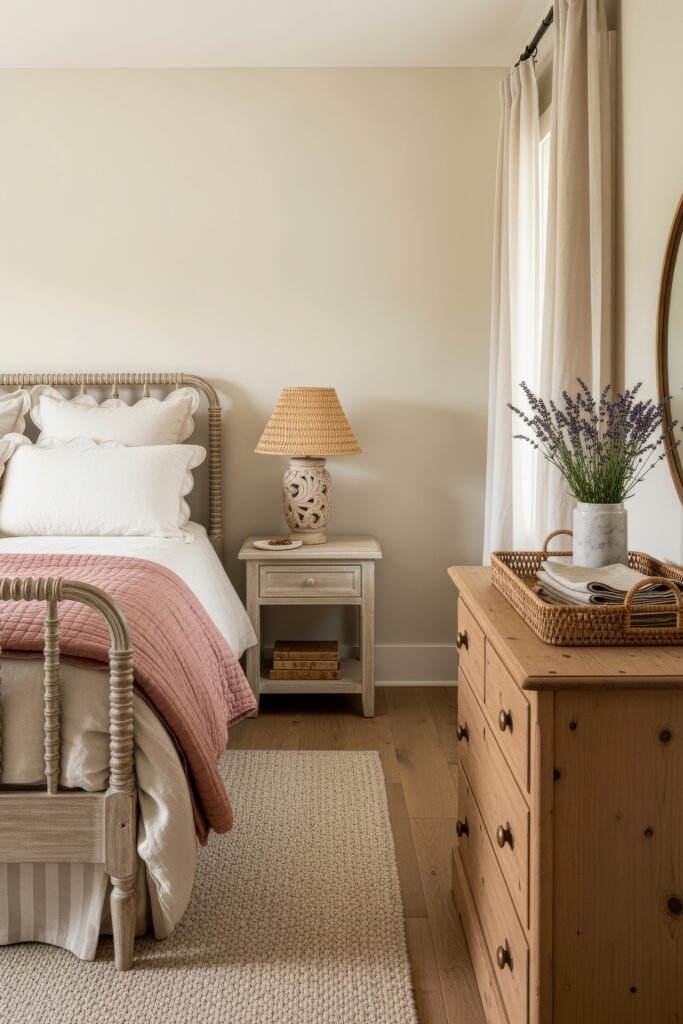 Sweet Ideas for a Romantic Cozy Farmhouse Bedroom 21 Cozy bedroom with a light wood spindle bed, white scalloped pillows, blush quilt, woven lamp, and dresser topped with lavender in a marble vase.