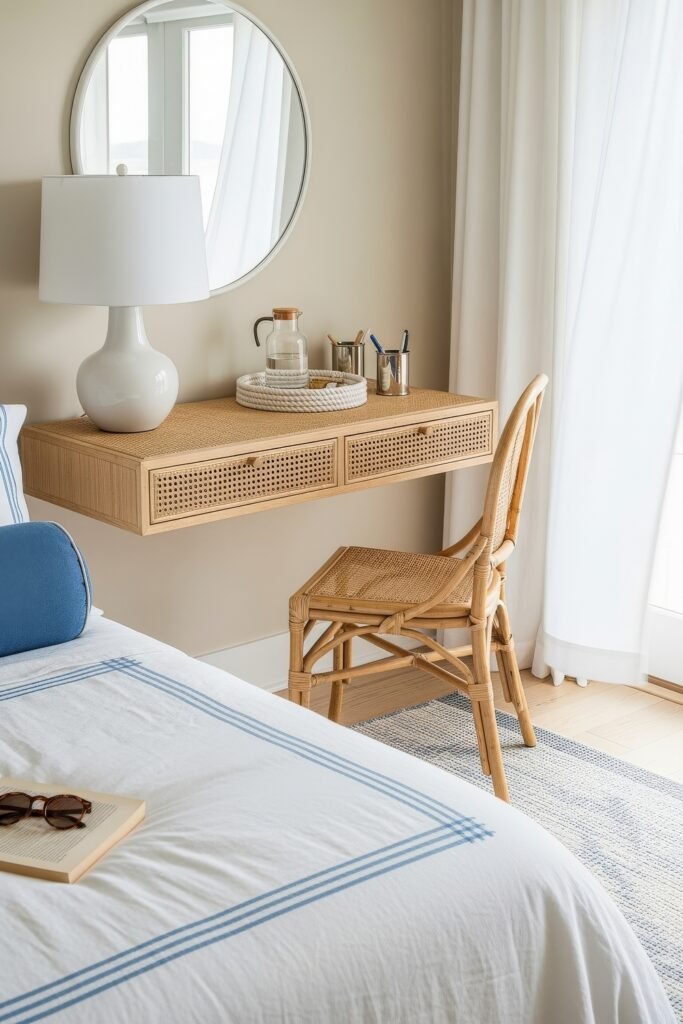 Small Bedroom Office Combo Ideas That Actually Look Chic 28 Bright coastal-style bedroom with a rattan floating desk, matching chair, white lamp, and round mirror above.