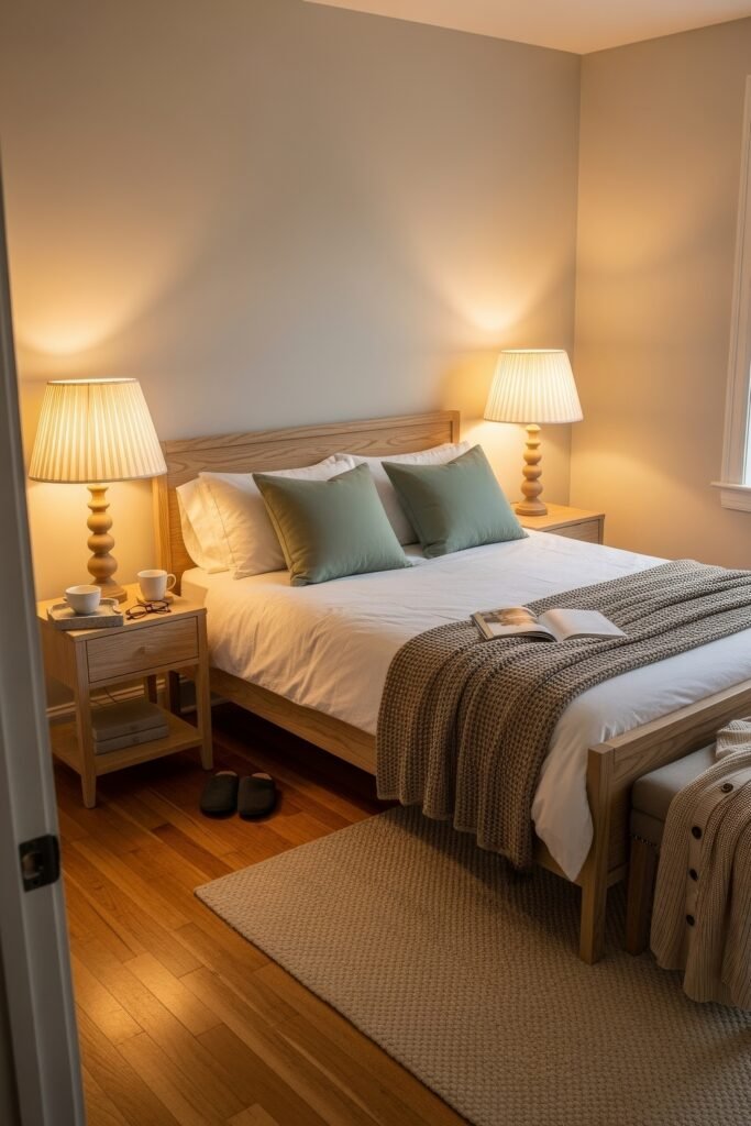 Small Bedroom Style Ideas: 15 Chic Looks That Work 29 Warm-lit bedroom with light wood furniture, white bedding, and muted green pillows, creating a cozy, relaxed atmosphere.