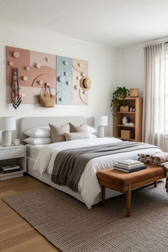Smart, Stylish Storage Ideas for Small Bedrooms 25 Bright bedroom with a soft gray bed, abstract wall art featuring hooks for hats and bags, and a wooden shelf unit with woven baskets.