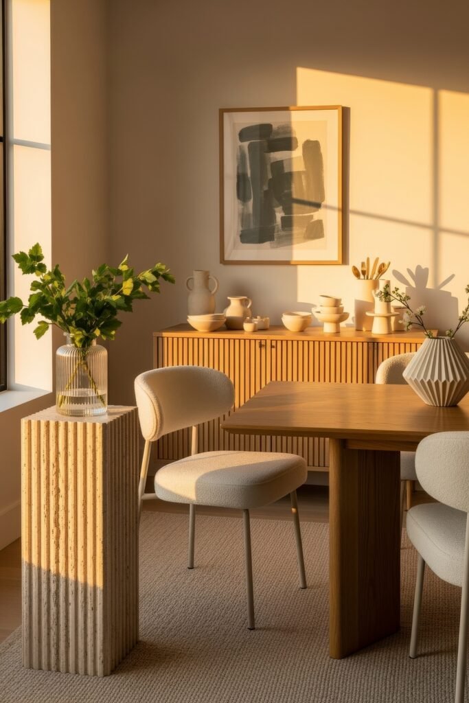 Chic Ideas for Aesthetic Apartment Decor That Feels Effortless 26 Dining room bathed in golden light with a wooden table, cream chairs, ribbed pedestal with greenery, and a sideboard decorated with ceramics and abstract art.
