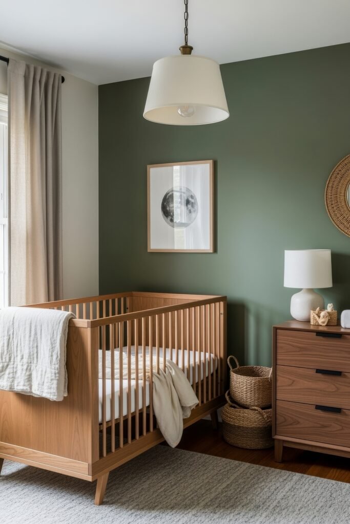 Dreamy Nursery Bedrooms: Baby Nursery Ideas for Boy 22 Earthy-toned baby nursery idea for boy featuring a wooden crib, sage green accent wall with moon art, and woven storage baskets.