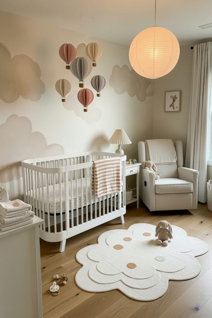 Dreamy & Stylish Baby Nursery Ideas for Girl 22 Playful cloud-themed nursery featuring a white crib, cozy armchair, cloud rug, and pastel hot air balloon mobiles for baby nursery ideas for a girl.