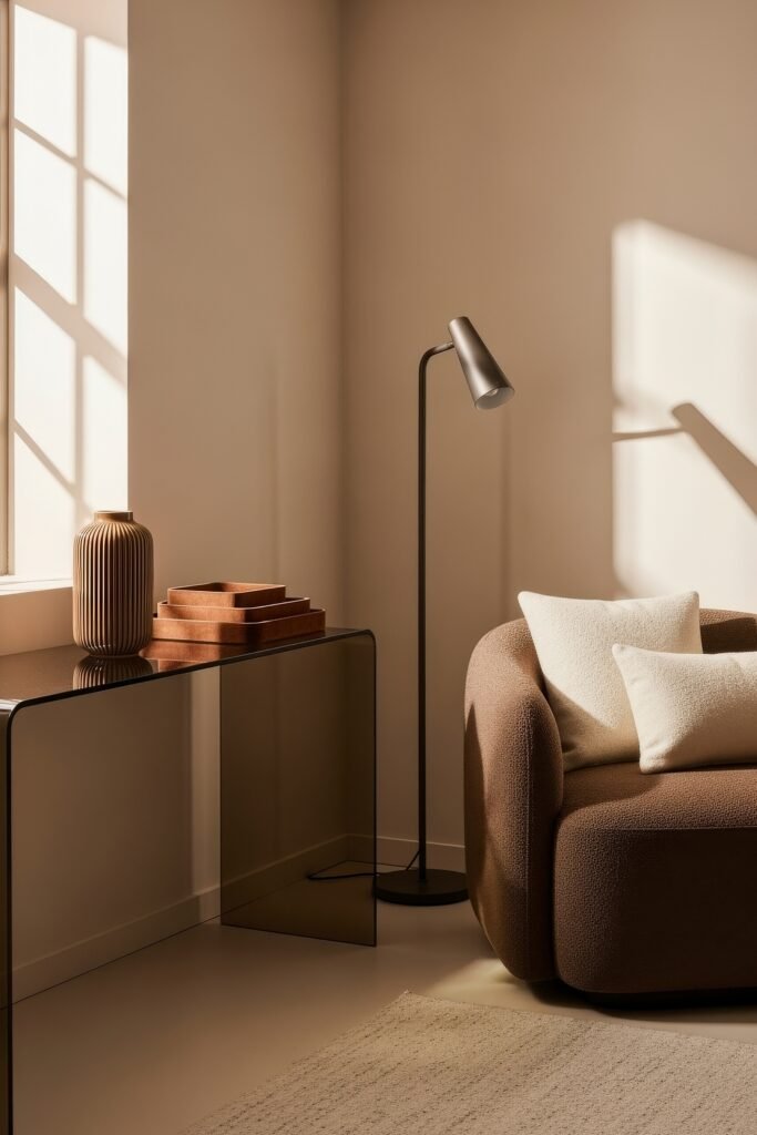 Chic Ideas for a Brown Apartment Aesthetic 22 Serene corner with a rounded brown armchair, sleek floor lamp, and a glass console table adorned with a ribbed vase and leather trays, bathed in warm afternoon sunlight—embodying modern brown apartment aesthetic.