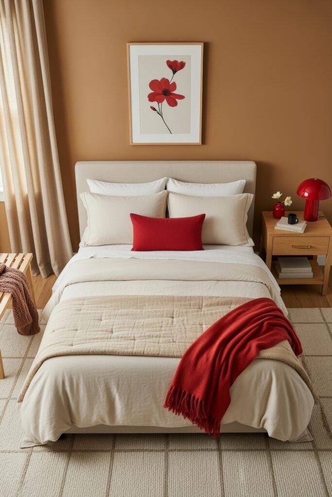 Soft & Stylish: Cozy Bedroom Ideas for an Effortless Retreat 27 Cozy bedroom with tan walls, cream bedding, bold red throw and pillow, framed floral art, and matching red bedside lamp.