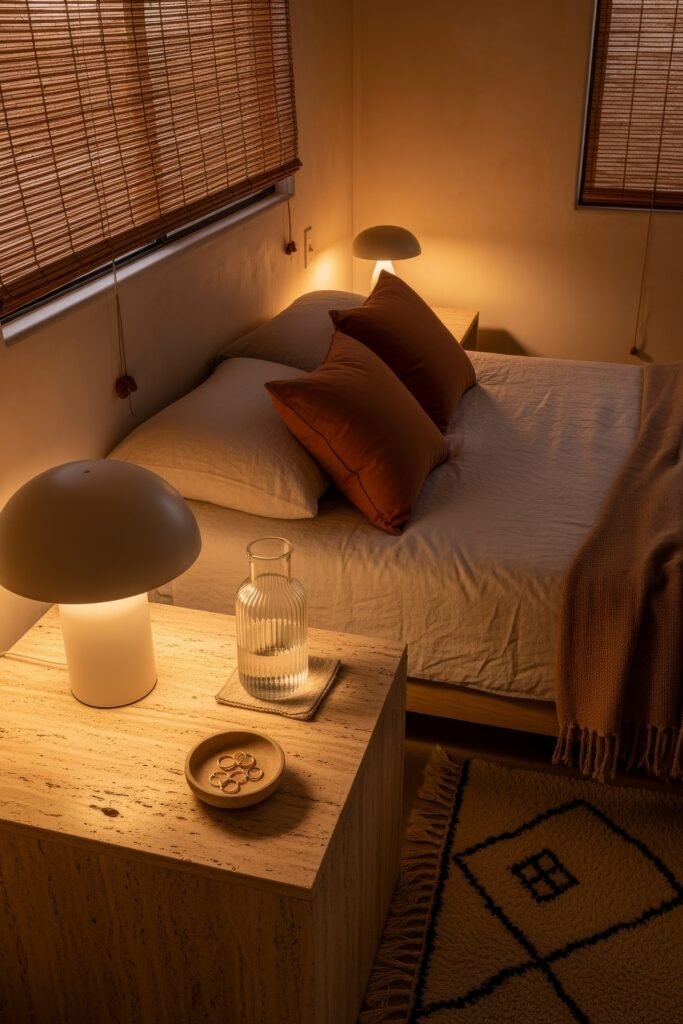 Dreamy Ways to Style a Cozy Boho Bedroom 23 Warm, ambient bedroom with terracotta accents, soft lighting from mushroom lamps, a textured blanket, and natural bamboo blinds, creating a cozy, earthy vibe perfect for winding down.