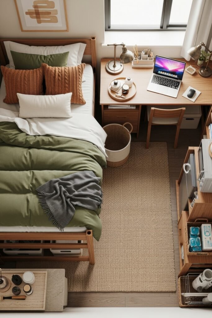 Dorm Room Ideas for Guys That Feel Grown 19 Inviting dorm glow-up with olive and rust pillows on the bed, jute rug, wood desk holding a laptop and lamp, and shelves neatly stocked with essentials.