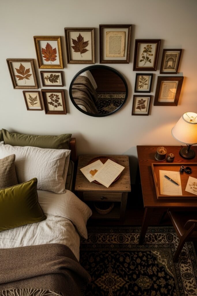 Trend-Forward dorm wall décor Ideas 24 Cozy dorm setup with framed leaf prints and handwritten notes arranged around a round mirror, earthy bedding, and a writing desk styled with papers and candles.