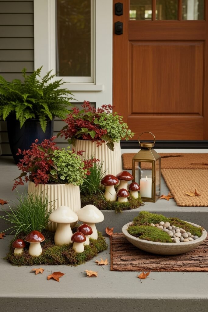 Cozy Entry Glow: Fall Porch Ideas to Try 24 Front entry decorated with ceramic mushrooms, textured planters of greenery, a lantern, and a moss bowl surrounded by autumn leaves.